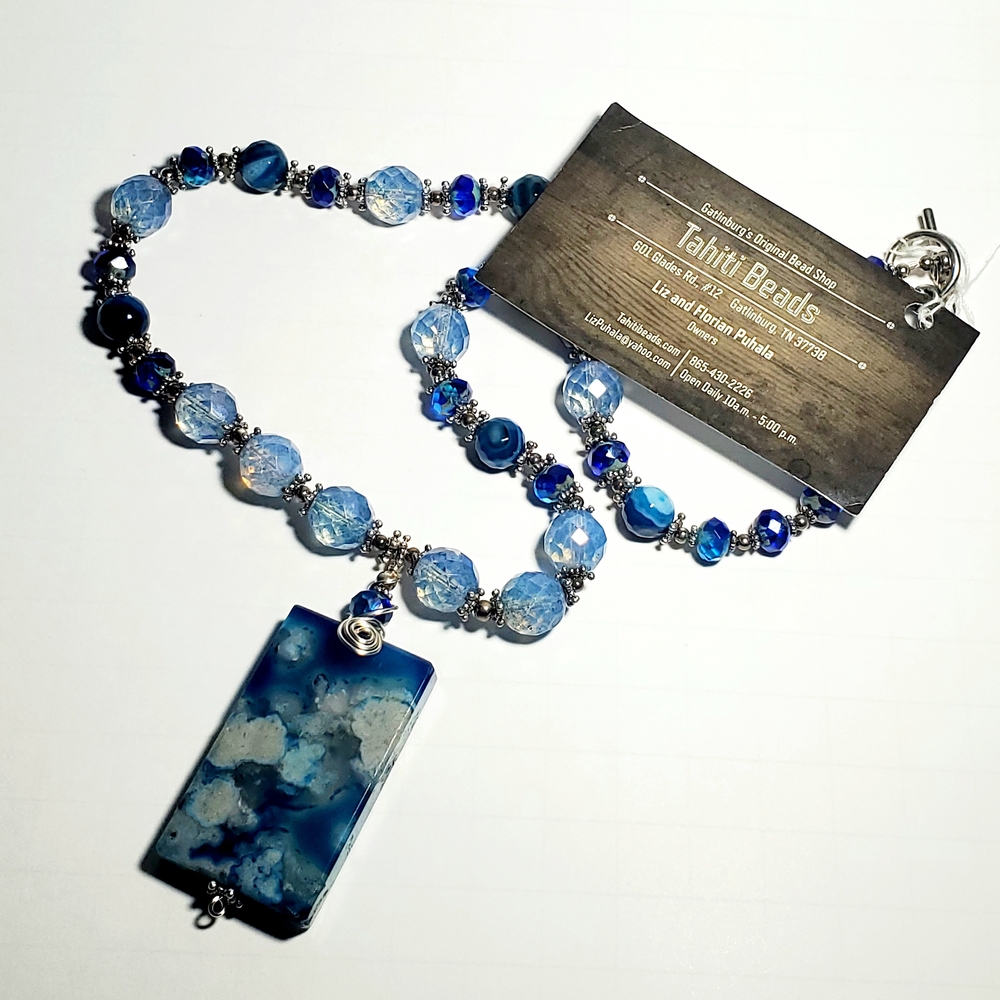 Flower Agate Pendant Necklace with Blue Czech Glass & Blue Banded Agate Beads - Picture 10 of 13